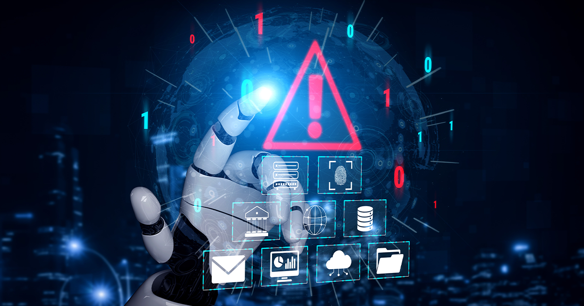A robotic AI hand triggering a digital red alert warning sign surrounded by icons for data, email, and security infrastructure.