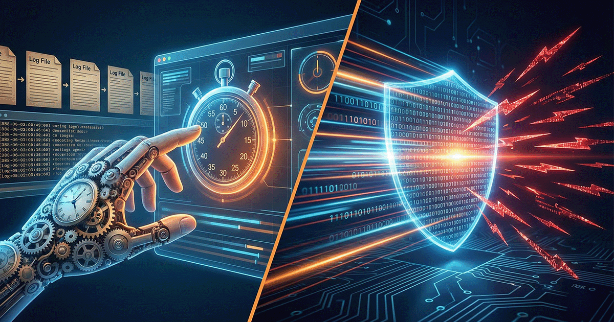 A conceptual illustration split diagonally. The left side shows a mechanical, gear-based hand slowly reaching for a stopwatch amidst scrolling log files, symbolizing slow manual security response. The right side shows a high-speed, glowing digital shield instantly blocking multiple red cyber attack threats, representing automated defense.