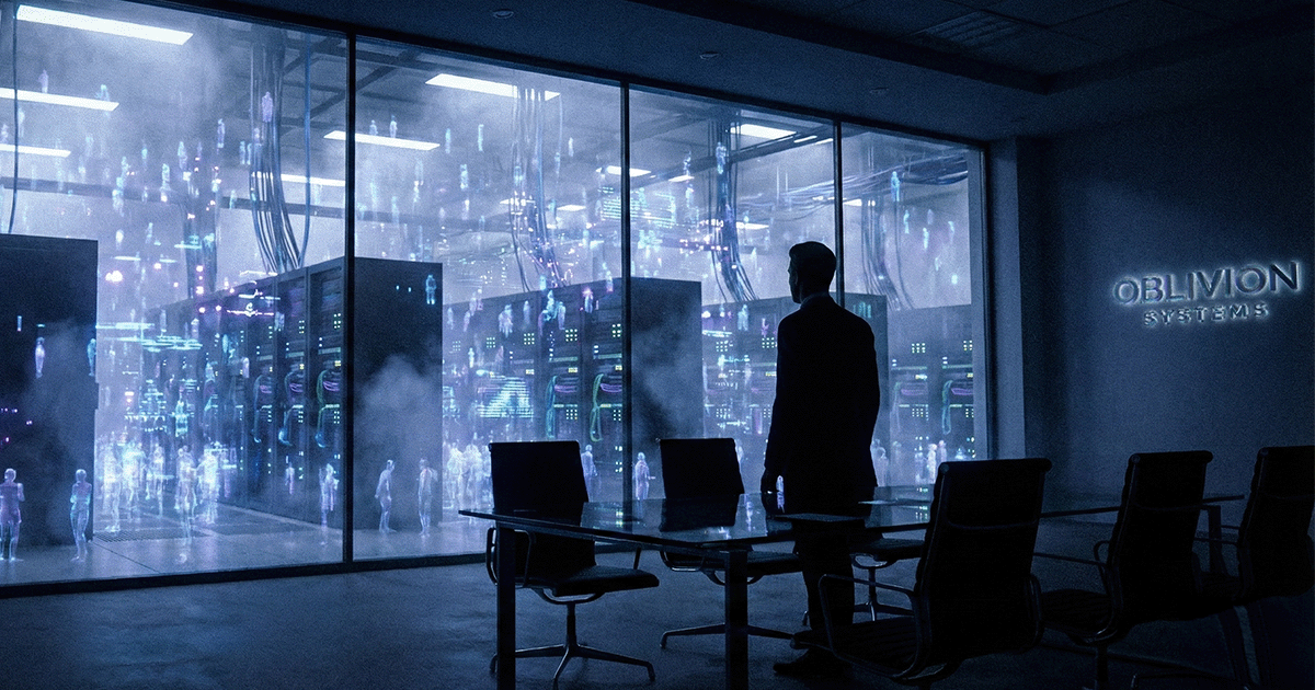 A cinematic tech-noir photograph captures a silhouette of a human executive in a dark corporate boardroom. They are looking out a large window at a colossal data center densely packed with glowing server racks and a swarm of translucent blue and purple holographic digital figures. The hypothetical company logo 
