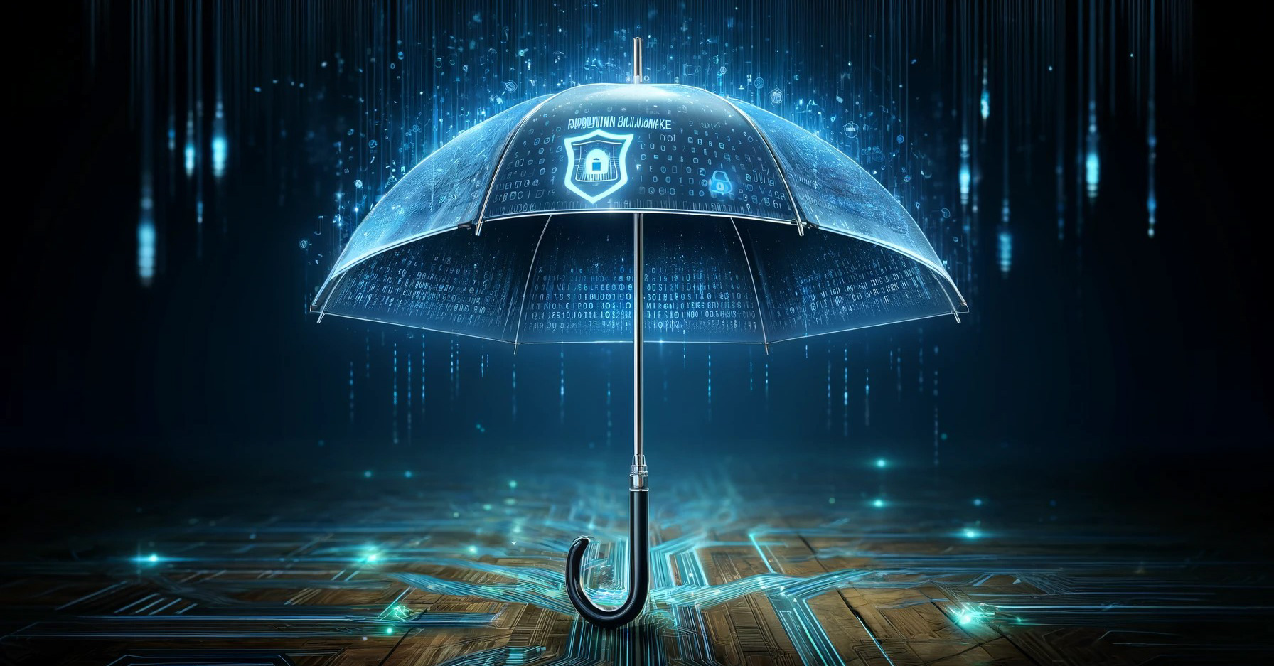 cyber insurance conceptual image of umbrella protecting circuit board