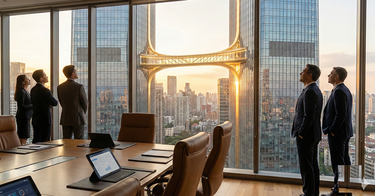 Five business professionals, dressed in suits, stand in a modern boardroom with floor-to-ceiling windows at sunset. They are looking out at a futuristic, golden skybridge that connects two adjacent skyscrapers. The boardroom features a long wooden conference table, leather chairs, and tablets displaying data charts.